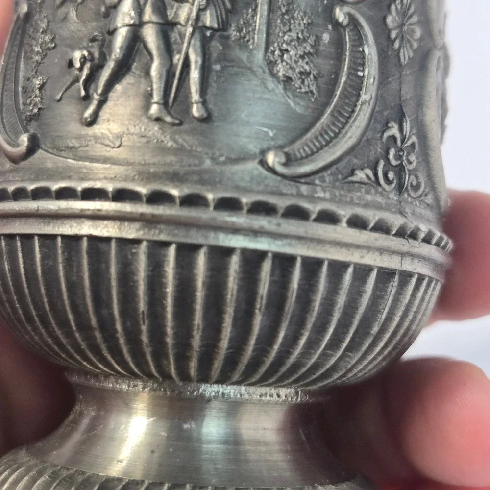 SKS Zinn 95% Pewter Cup Vintage German Relief Scenes Maienzeit Wanderschaft 4